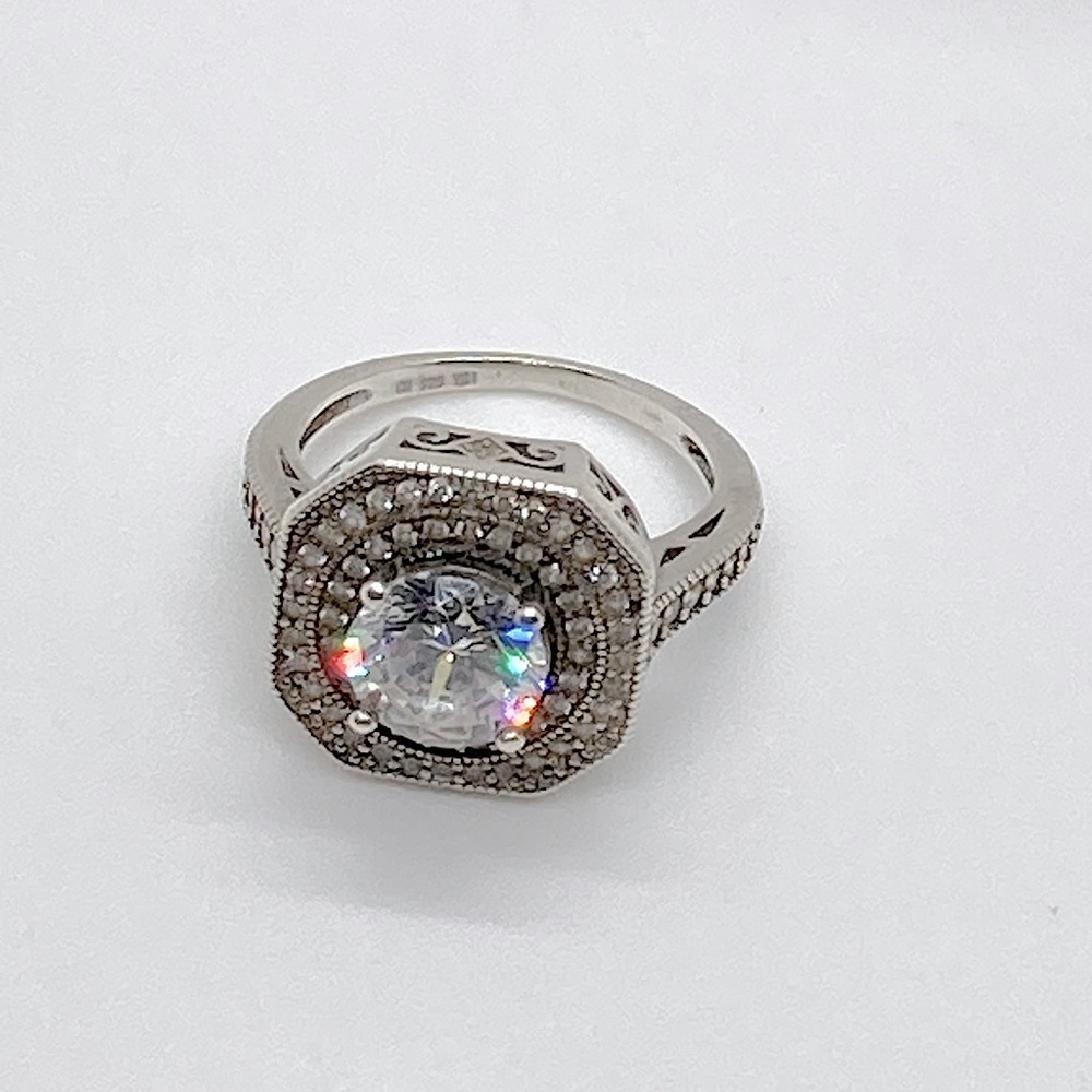 Vtg Sterling Silver & CZ Square Filigree Setting Art Deco Style Ring | Sz 6.75